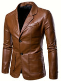 Nukty Men's Casual Faux Leather Blazer - Slim Fit, Button-Up Jacket with Pockets for Spring & Fall