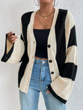 Nukty Flared Sleeves Long Sleeves Buttoned Contrast Color Striped V-Neck Cardigan Tops