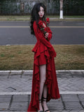 Nukty party look inspos Autumn Red Vintage Elegant Dress Women Flare Sleeve Designer Sweet Long Dress Female Ruffles Retro Princess Irregular Dress 2024