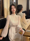 Nukty party look inspos 2024 Spring Turtleneck White Midi Dress Women  Long Sleeve French Elegant One Piece Dress Korean Fashion Y2k Clothing Design