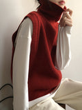 Nukty Casual Loose Sleeveless Solid Color High-Neck Sweater Vest Outerwear