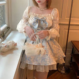 Nukty party look inspos 2024 Japanese Style Lolita Princess Dress Women Party Y2k Bandage Blue Cosplay Costumes Puff Sleeve Ribbon Bowknot Mini Dress