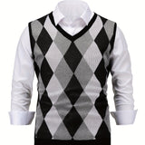 Nukty Men's Argyle Graphic Print Knitted Sleeveless Sweater, Casual V Neck Vest For Outdoor Activities