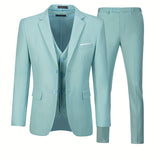 Nukty Men's Elegant 3pcs Light Blue Suit Set - Single Breasted Jacket with Lapel Collar, Matching Vest & Pants, Polyester Blend, Machine Washable - Ideal for Weddings, Parties, Business & Formal Occasions