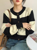 Nukty Casual Buttoned Contrast Color Striped Cardigan Tops