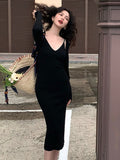 Nukty party look inspos Autumn Chic Knitted 2-piece Dress Set Women Crop Cardigan and V-neck Spaghetti Strap Midi Dress French Vintage Female Solid Suit