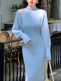 Nukty Long Sleeves Solid Color Mock Neck Cardigan Top + High Waisted Sweater Dress Two Pieces Set