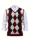 Nukty Men's Argyle Graphic Print Knitted Sleeveless Sweater, Casual V Neck Vest For Outdoor Activities