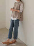 Nukty Simple Sleeveless Loose Buttoned Solid Color Round-Neck Sweater Vest Outerwear