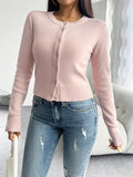 Nukty Long Sleeves Buttoned Solid Color Round-Neck Cardigan Tops