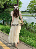 Nukty party look inspos French Fairy Chiffon Midi Dress Women Short Sleeve Casual Boho Beach Sundress Women Pink Elegant Korean Dress 2025 Summer Chic