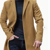 Nukty Men'S Casual Midi-Length Blend Coat, Polyester Lined, Non-Stretch Fabric, Solid Color, Long Sleeve, with Slit Hem, Single Breasted Placket, Lapel Collar, for Fall/Winter Collection