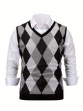 Nukty Men's Argyle Graphic Print Knitted Sleeveless Sweater, Casual V Neck Vest For Outdoor Activities