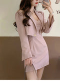 Nukty party look inspos Autumn Pink New Two Piece Dress Set Women Blazer Coat+Strap Dress Set Female Casual Korean Fashion Slim Elegant Dress Suit 2024