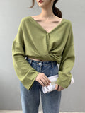 Nukty Long Sleeves Loose Buttoned Solid Color V-Neck Cardigan Tops