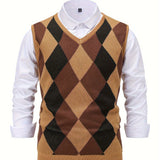 Nukty Men's Argyle Graphic Print Knitted Sleeveless Sweater, Casual V Neck Vest For Outdoor Activities