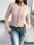 Nukty Long Sleeves Buttoned Solid Color Round-Neck Cardigan Tops