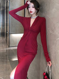 Nukty party look inspos 2024 Autumn New French Vintage Dress Women Long Sleeve V Neck Vent Slim Vestidos Largos Elegant Female Chic Bud Sexy Party Dress