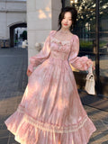 Nukty party look inspos Elegant Sweet Pink Print Midi Dresses for Women Flower Square Collar Lantern Sleeve Lace Patchwork Long Dress Autumn Party Robe