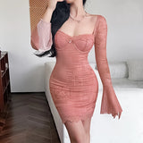 Nukty New Sexy Backless Bandage Party Dress Women V Neck Long Sleeve Solid Skinny Pleated Casual Dress