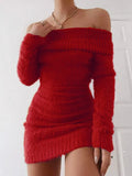 Nukty Sweater Dress for Women Slim fit Sexy Bodycon Off Shoulder Knitted Dresses Warm Red Color Soft Party Cootail Fall Winter Dress