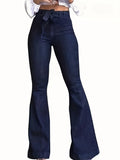 Nukty Navy Blue Flared Jeans Autumn, High-Stretch With Waistband Bell Bottom Wide Legs Denim Pants, Women's Denim Jeans & Clothing