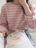 Nukty New Bottoming Basic Korean Style Fashionable Striped Wild Lady Women's Autumn Winter T-shirt Pink Tops