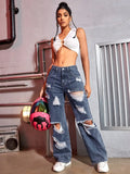 Nukty Harajuku Women Fashion Cargo Jeans Street Ripped Details Straight Leg Denim Trousers Simple Casual Baggy Pants Mujer