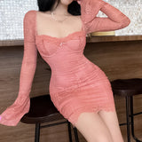 Nukty New Sexy Backless Bandage Party Dress Women V Neck Long Sleeve Solid Skinny Pleated Casual Dress