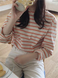 Nukty New Bottoming Basic Korean Style Fashionable Striped Wild Lady Women's Autumn Winter T-shirt Pink Tops