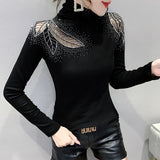 Nukty Spring Autumn New Women's Tops Shirt Fashion Casual Turtleneck Long Sleeve Hollow Out Hot Drilling Mesh T-Shirt M-3XL