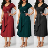 Nukty Fashion Elegant Women Solid Color Short Sleeve V Neck Asymmetric Hem Waist Tight Midi Party Dress Ladies Evening Vestidos