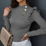 Nukty Plus Size Autumn Winter Women Blouse Long Sleeve Knitwear Rib Ruffle Buttons Blouse Basic Shirt