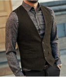 Nukty Slim Mens Vest Tweed Waistcoat Vest Vintage Herringbone V-neck Casual Wool Groomsmen Suits Vest For Wedding XS-5XL