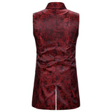 Nukty Wine Red Paisley Jacquard Long Vest Men Double Breasted Lapel Brocade Vest Waistcoat Mens Gothic Steampunk Sleeveless Tailcoat