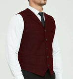 Nukty Men's Grey Herringbone Wool Tweed Slim Fit Leisure Cotton Suit Burgundy Vest Gentleman Business Waistcoat For Wedding