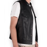 Nukty Stand Collar Sleeveless Men Waistcoat Faux Leather Buttons Closure Pockets Motorcycle Jacket Vest Male Clothes jaqueta masculina