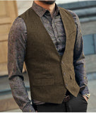 Nukty Slim Mens Vest Tweed Waistcoat Vest Vintage Herringbone V-neck Casual Wool Groomsmen Suits Vest For Wedding XS-5XL