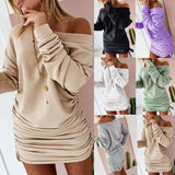 Nukty New Dresses Women Mini Dress Ladies Casual  Women's Dress Sexy Drawstring Pleated Long Sleeve Party Dress Sukienka