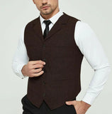 Nukty Men's Grey Herringbone Wool Tweed Slim Fit Leisure Cotton Suit Burgundy Vest Gentleman Business Waistcoat For Wedding