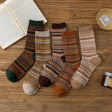 Nukty 1 Pair Women Socks Spring Autumn Retro Style Men Couple Cotton Socks National Wind Stripes Pattern Khaki Solid Color Socks