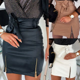 Nukty Pencil Mini Skirts High Waist Black PU Leather Split Sheath Wrap Skirts  Faux Leather Zippers High Waist Belt Mini Skirt