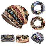 Nukty Boho Style Women Beanie Cap Winter Floral Print Warm Hat Fashion Soft Thermal Skullies Hat Female Scarf Bonnet