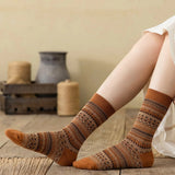 Nukty 1 Pair Women Socks Spring Autumn Retro Style Men Couple Cotton Socks National Wind Stripes Pattern Khaki Solid Color Socks