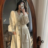 Nukty Women Autumn Winter Vintage Long Dress Elegant Full Sleeve Single Breasted Tunic Casual Corduroy Dress with Pocket Vestidos