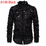 Nukty Sexy Black Feather Lace Shirt Men Fashion See Through Clubwear Dress Shirts Mens Event Party Prom Transparent Chemise S-3XL