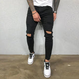 Nukty Men Jeans Knee Hole Ripped Stretch Skinny Denim Pants Solid Color Black Blue Autumn Summer Hip-Hop Style Slim Fit Trousers S-4XL