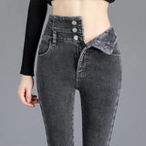 Nukty Thermal Winter Thick Fleece High-waist Warm Skinny Jeans Thick Women Stretch Button Pencil Pants Mom Casual Velvet Jeans