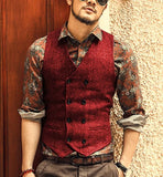 Nukty Burgundy Men's Double-breasted Vest Slim Fit Woolen/Tweed Suit Vest Casual Top Quality Herringbone Pattern Waistcoat For Wedding