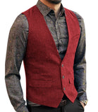 Nukty Slim Mens Vest Tweed Waistcoat Vest Vintage Herringbone V-neck Casual Wool Groomsmen Suits Vest For Wedding XS-5XL